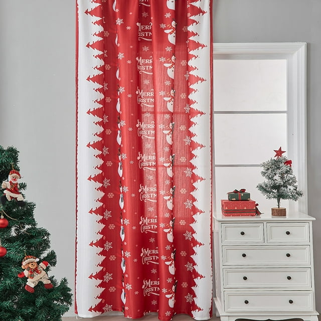 Hogar y cocina, Decoración del hogar, Decoración navideña, 1 pieza de cortinas navideñas rojas con diseño de muñeco de nieve y varillas, cortinas navideñas con estampado navideño, cortinas parasol, co