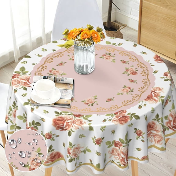 Rose Floral Round Tablecloth 60 inch Dining Kitchen Party Indoor Outdoor | Washable Spring Flower Circle Table Cloth Cover, Polyester, Waterproof, Stain Resistance, Wrinkle-Free, 4-6 Seats