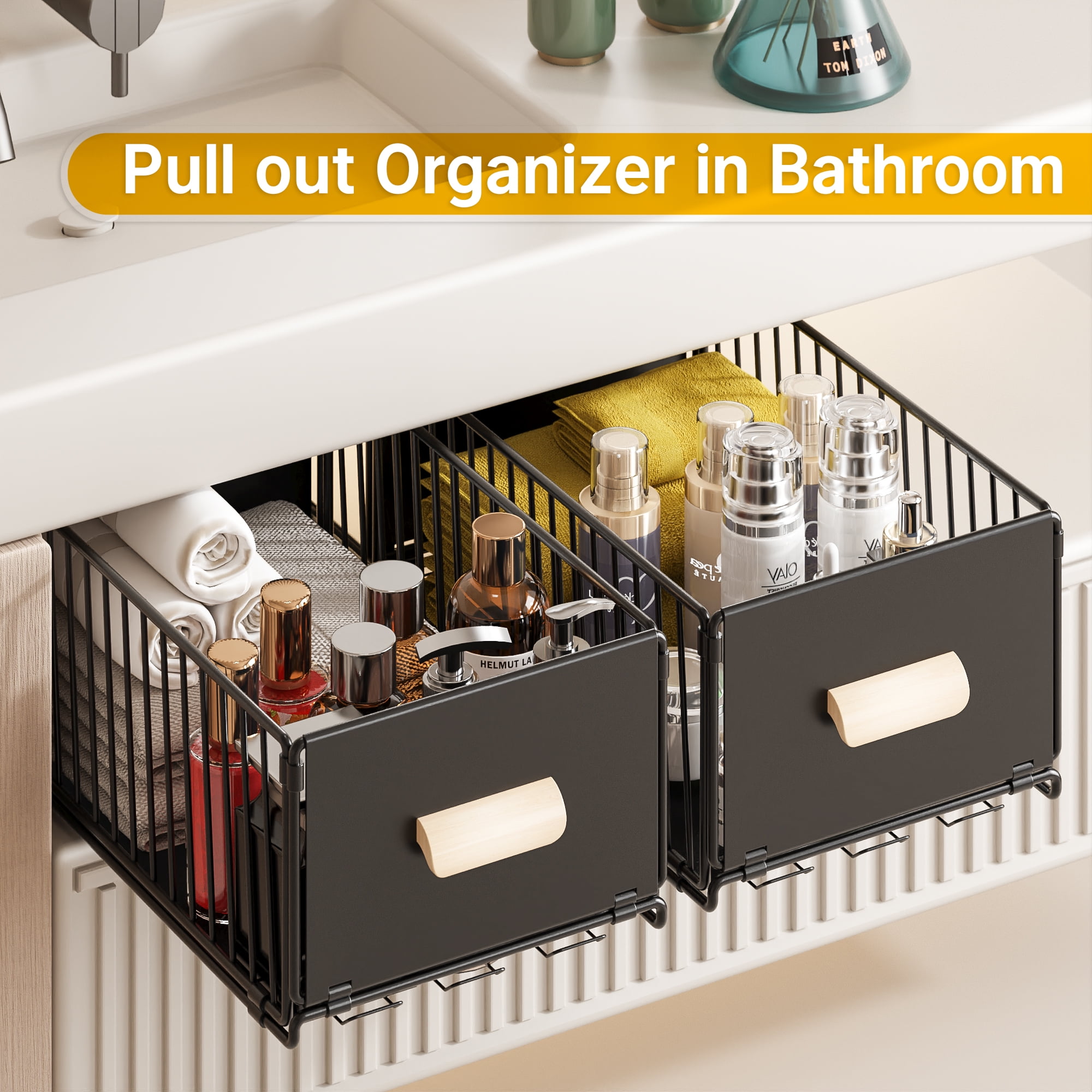 Bemico 2 Pack Pull Out Cabinet Organizer, No Drill Slide Out Pantry Shelves Drawers with Handle for Kitchen, Cupboard, Bathroom, Pantry, Sink, 15.75"Dx9.45"Wx6.69"