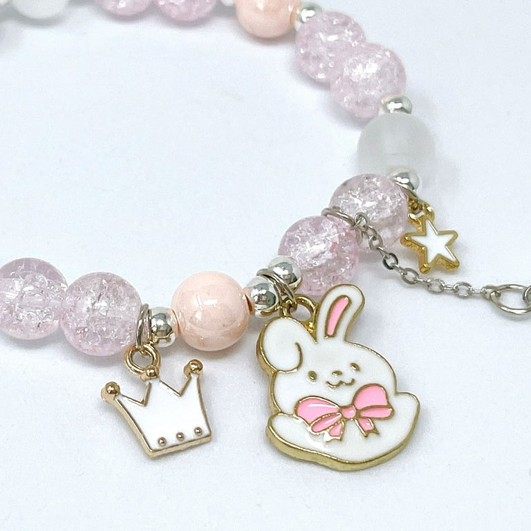 Wrapables Friendship Beaded Enamel Charm Bracelet, Pink Crown Bunny Crystal  Beads 