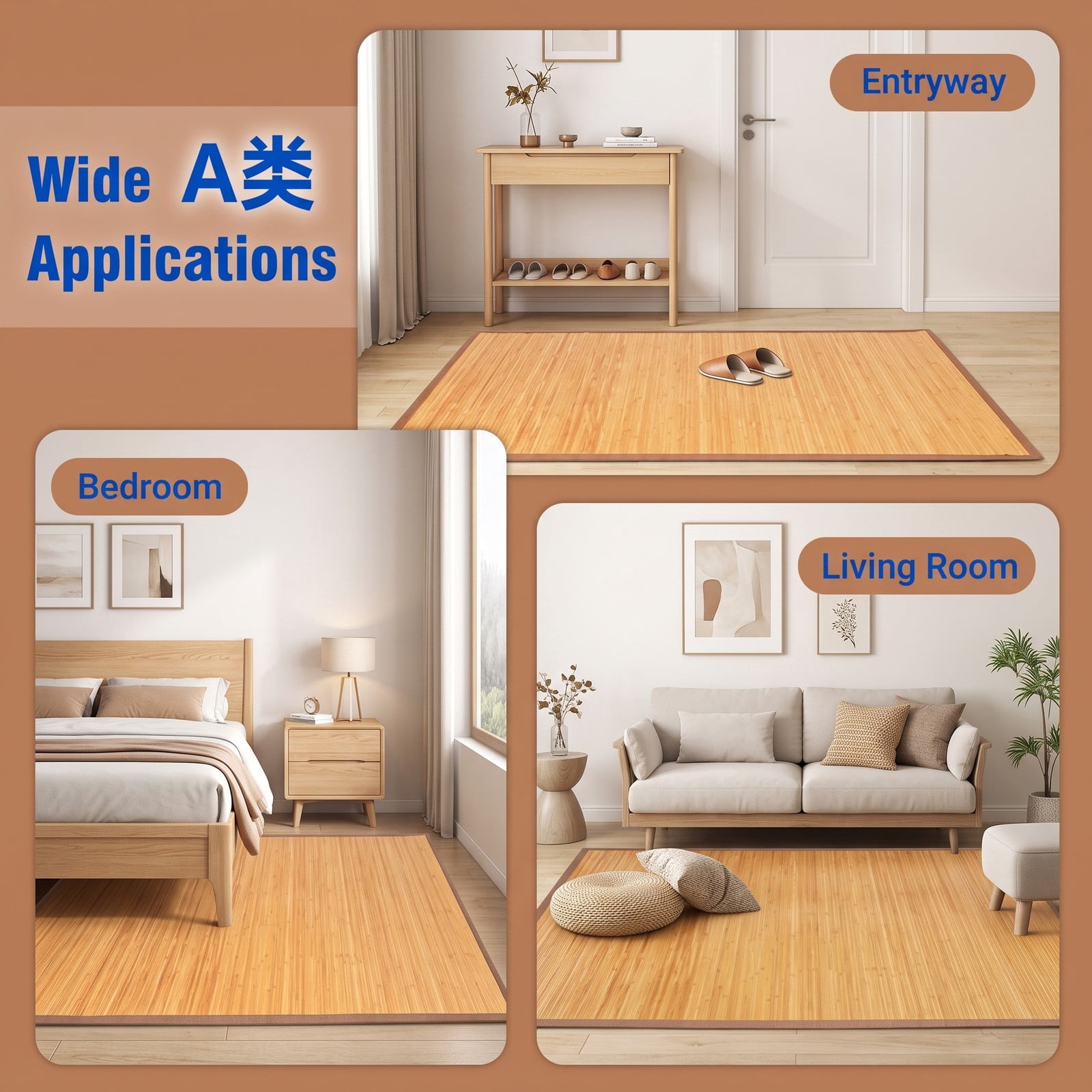 ALPULON 5 x 8 Feet Bamboo Floor Mat, Roll-Up Bamboo Area Rug with Anti-Slip Backing for Living Room Bedroom Entryway Hallway, Natural