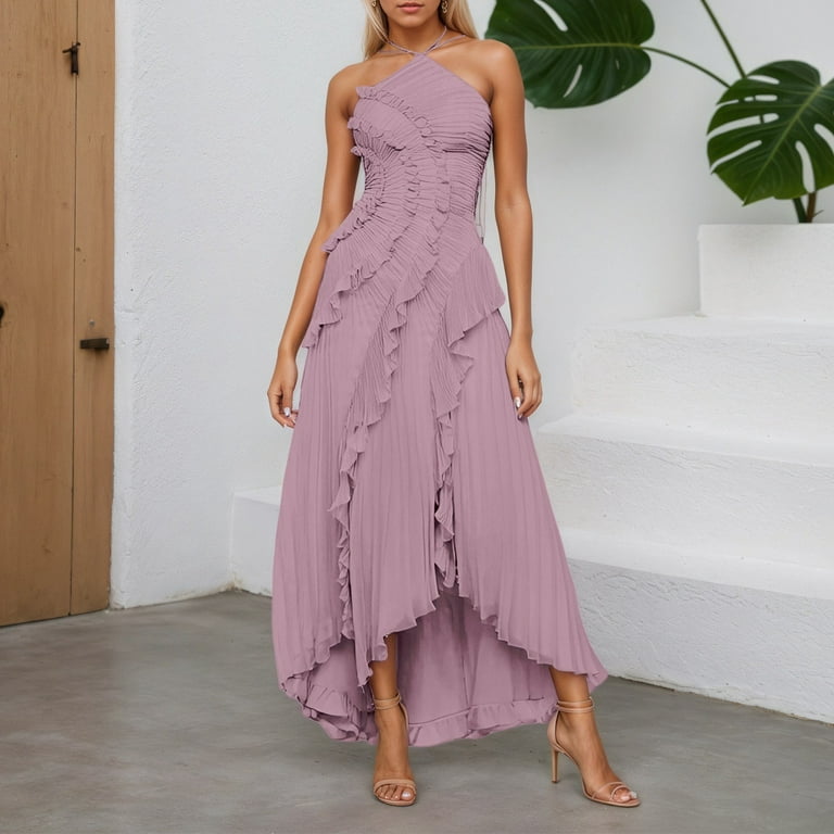 Puliio Women's Dresses Chiffon Ruffles Design Slim Fit Long Dress Summer Solid Fashion Hanging Neck Asymmetrical Hem High End Dresses Puliio Women's Dresses Chiffon Ruffles Design Slim Fit Long Dress Summer Solid Fashion Hanging Neck Asymmetrical Hem High End Dresses