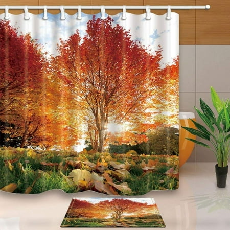 - ARTJIA Nature Scenery Decor Red Maple Tree Forest and Fallen Leaves in Autumn Shower Curtain 66x72 inches with Floor Doormat Bath Rugs 15.7x23.6 inches
