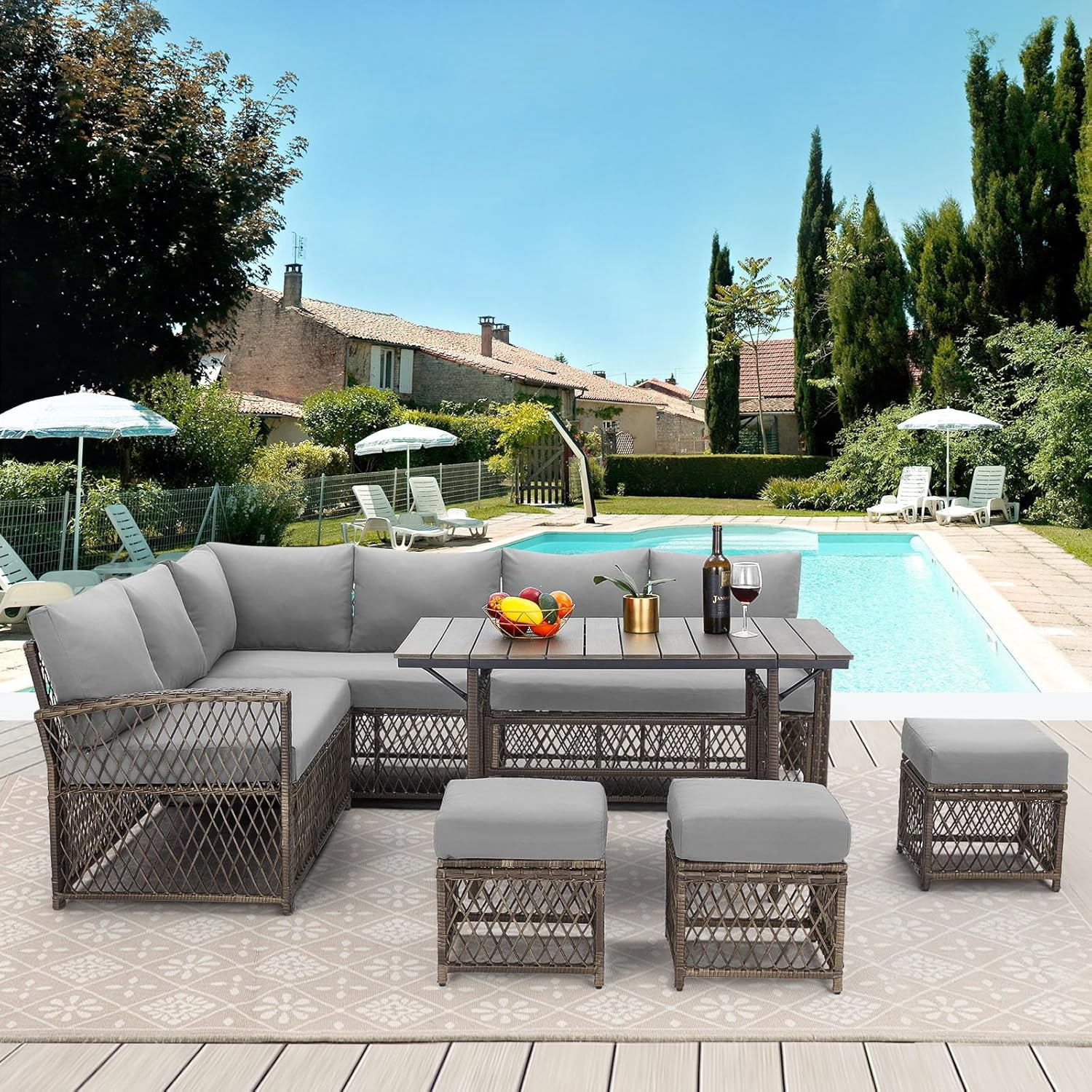 AECOJOY Patio Furniture Set with Cover, 7 Pieces Wicker Outdoor Sectional Sofa with High Table and Chairs, All Weather PE Rattan Conversation Dining Set with Ottoman, Grey Cushions