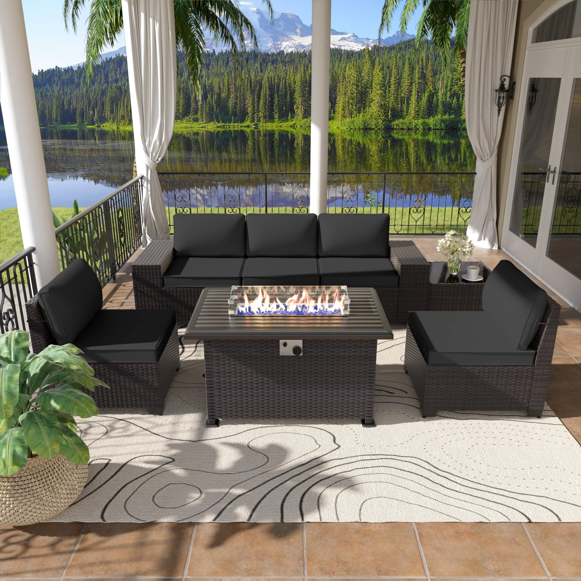 ALAULM 7-Piece Patio Conversation Set with Propane Fire Pit Table, Black