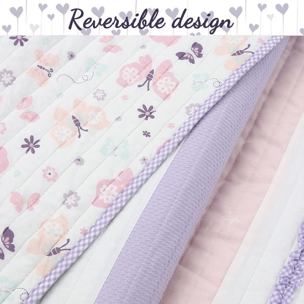 Cozy Line Lavender Blue Pink Ruffles Girl Cotton Reversible Quilt Bedding Set (Queen-3 Piece)