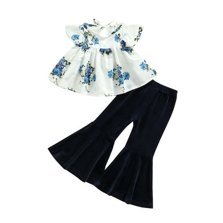 

IZhansean Newborn Baby Girl Fly Sleeve Floral T-shirt Tops Velvet Flared Pants 2PCS Clothing Set White 6-12 Months