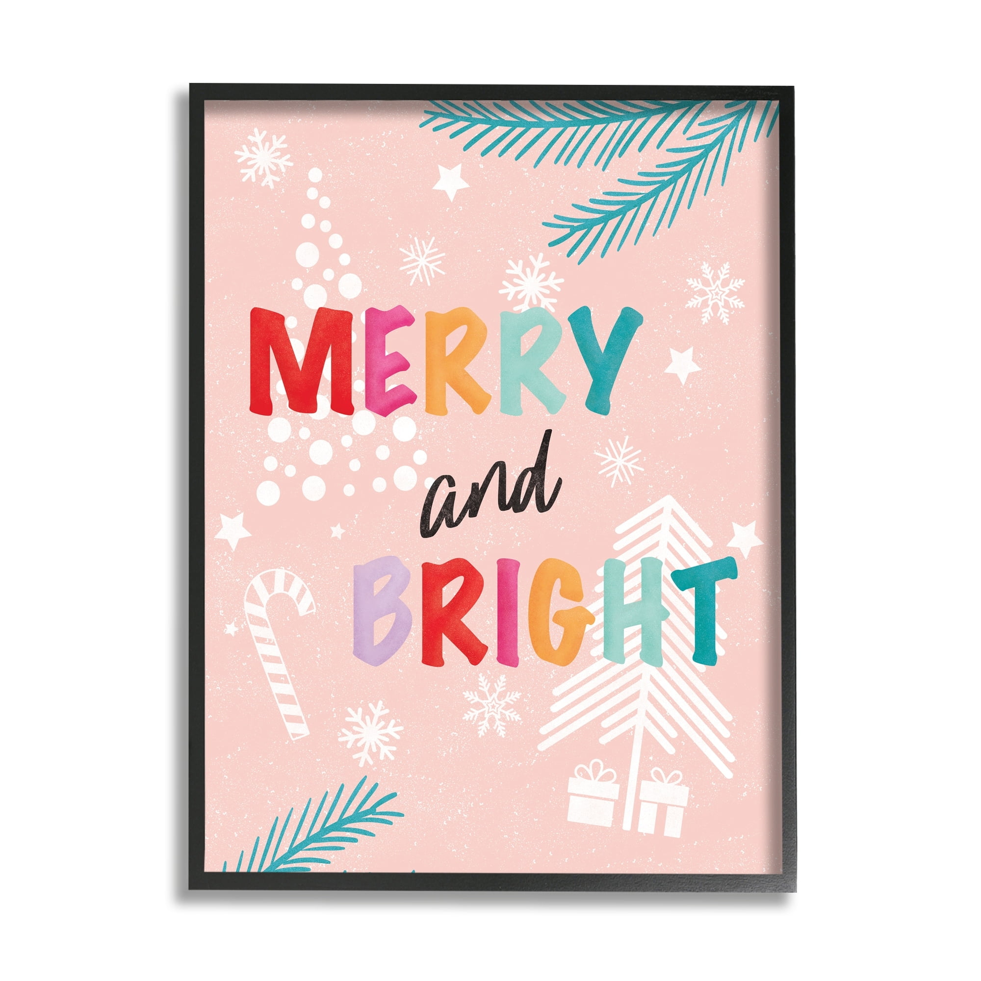 Stupell Industries Merry & Bright Pastel Phrase Holiday Painting White Framed Art Print Wall Art