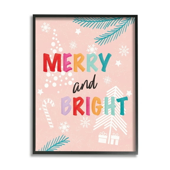 Stupell Industries Merry & Bright Pastel Phrase Holiday Painting Black Framed Art Print Wall Art