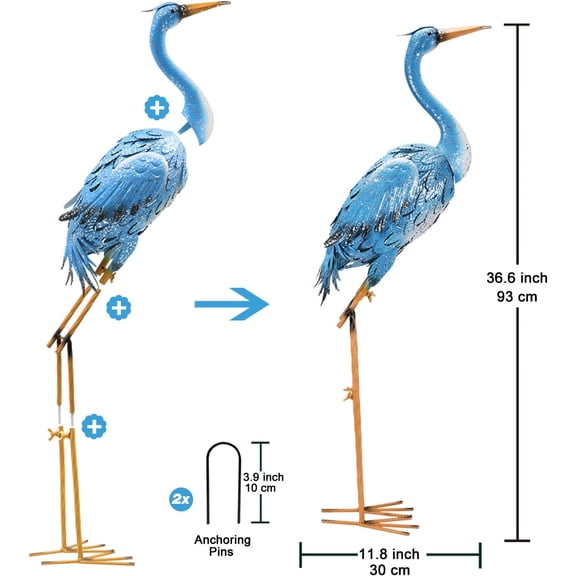Large Standing Blue Metal Crane Garden Statue: Indoor Outdoor Heron Animal Sculpture for  Backyard Porch Yard Bird Art Lawn Decor - 36.6inch Gifts for Grandma Mom