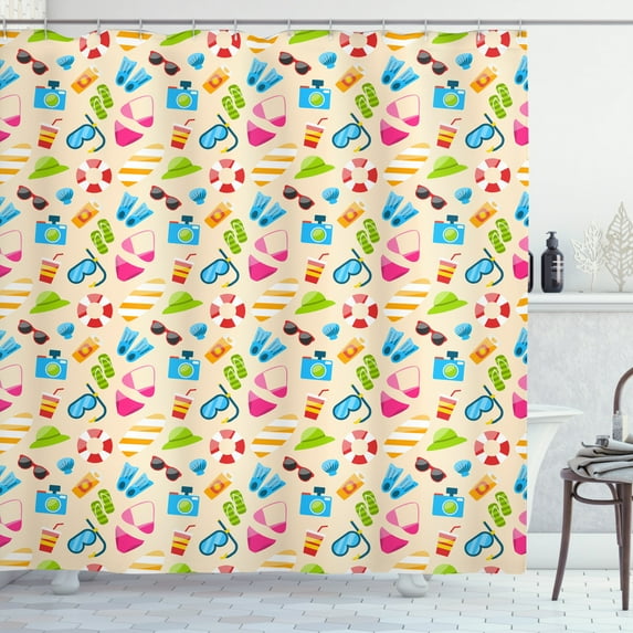 Flip Flop Shower Curtain, Beach Vacation Elements Sunglasses Camera Snorkeling Mask Seashell and Flipper, Fabric Bathroom Set with Hooks, 69W X 70L Inches, Multicolor, by Ambesonne