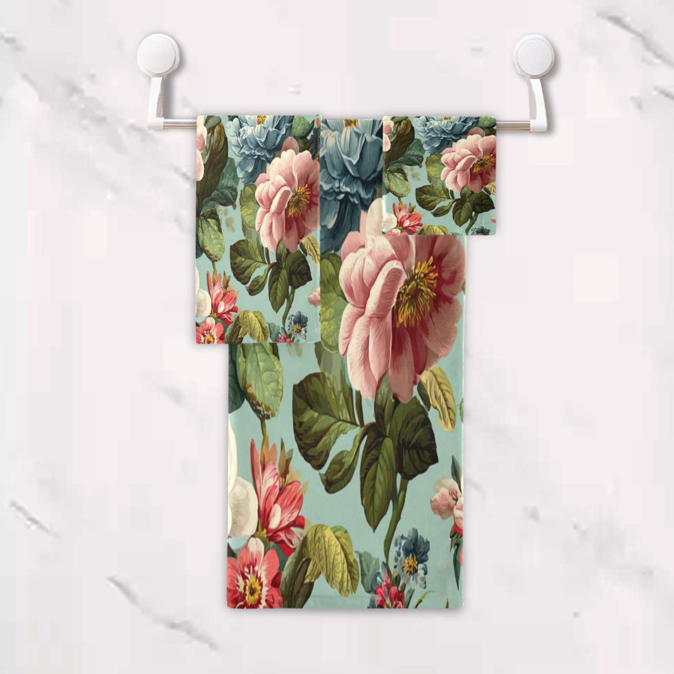 3 Piece Bath Towels Set Bath Towel, Hand Towel and Face Towel for Bathroom, Gym, Hotel Floral Pattern with Roses