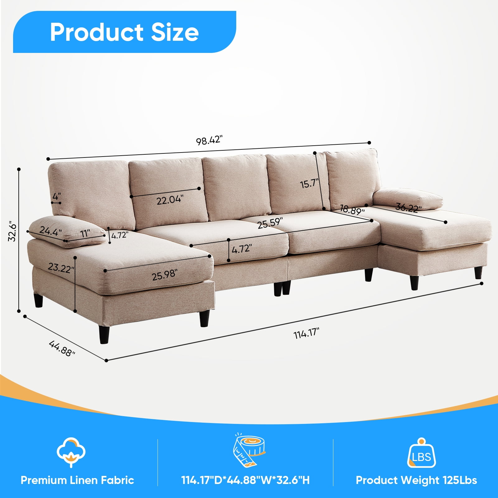 Mjkone U-Shaped Sectional Sofa, 4 Seater Sectional Couch with Chaise, Modular Sleeper Sectionals for Living Room-Beige