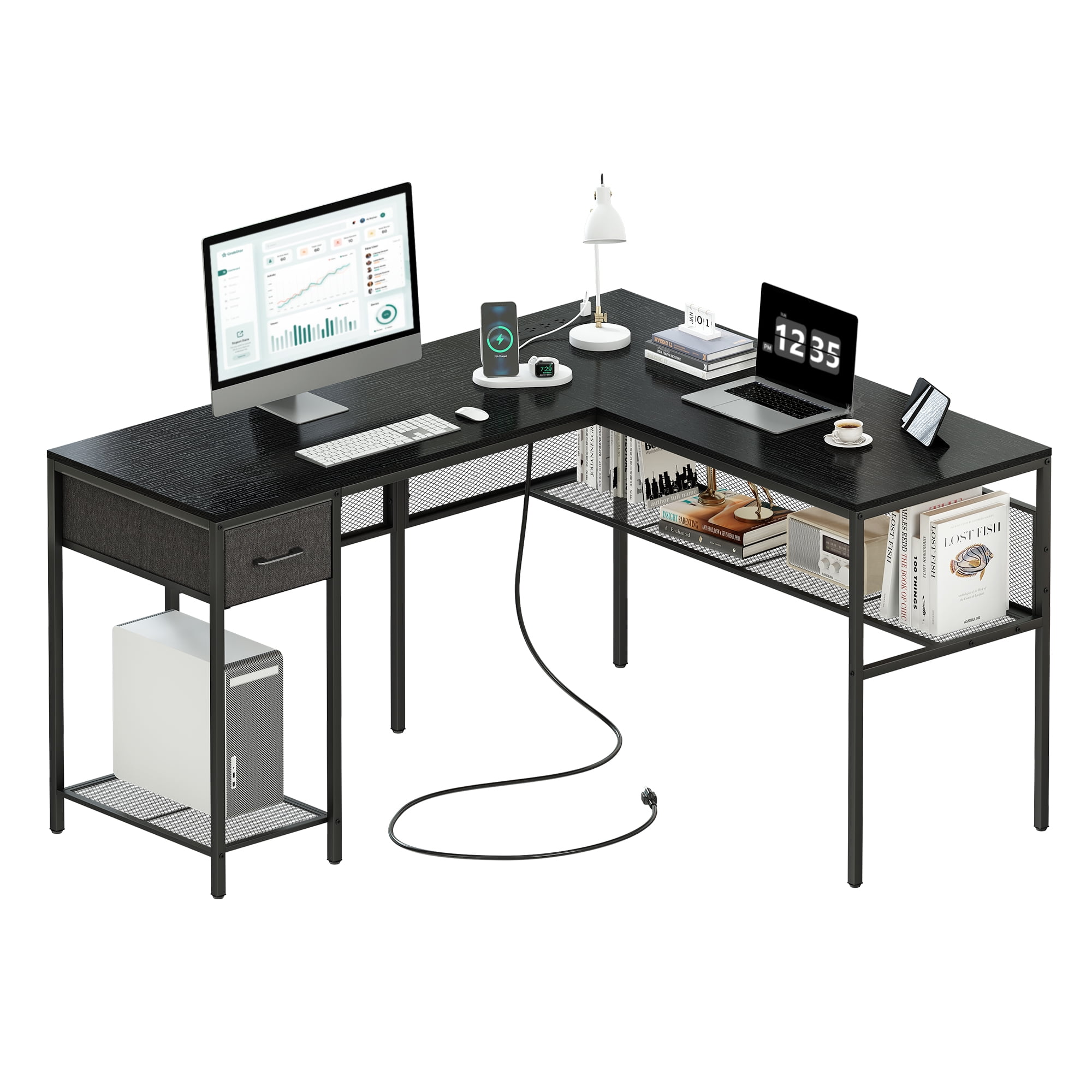 SUPERJARE L Shaped Desk with Power Outlets, Reversible Computer Desk