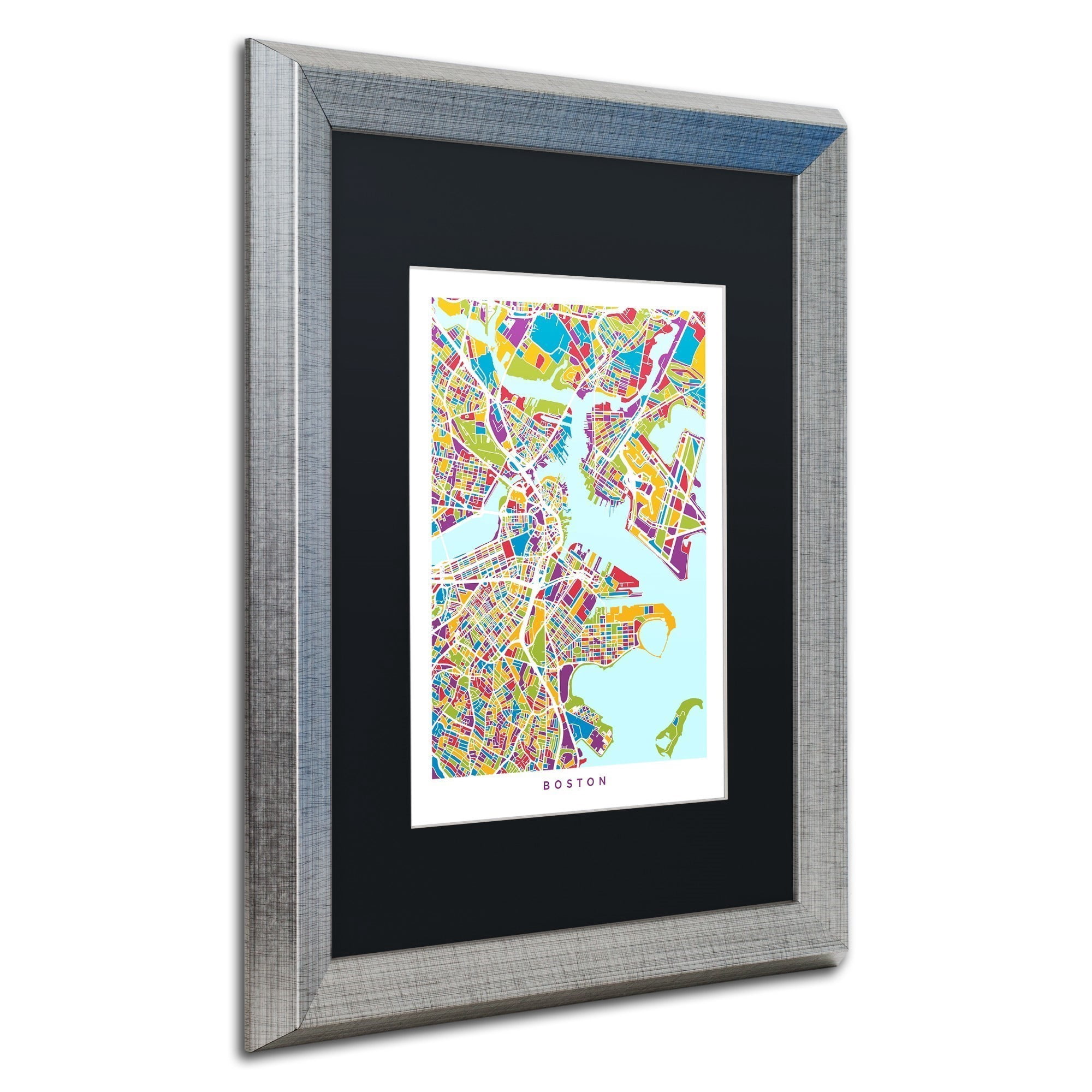 Trademark Fine Art "Boston MA Street Map 2" Canvas Art by Michael Tompsett, Black Matte, Silver Frame