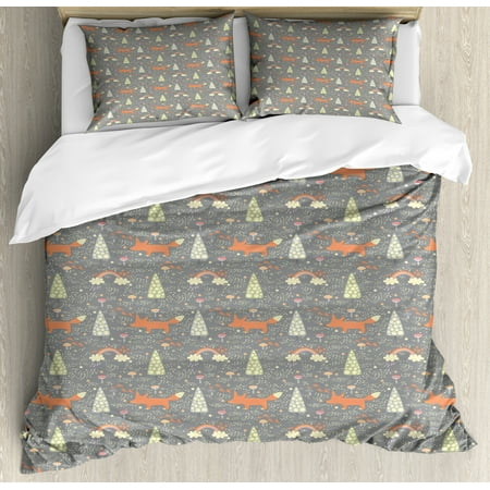 Forest Duvet Cover Set Queen Size Doodle Wildlife Pattern With