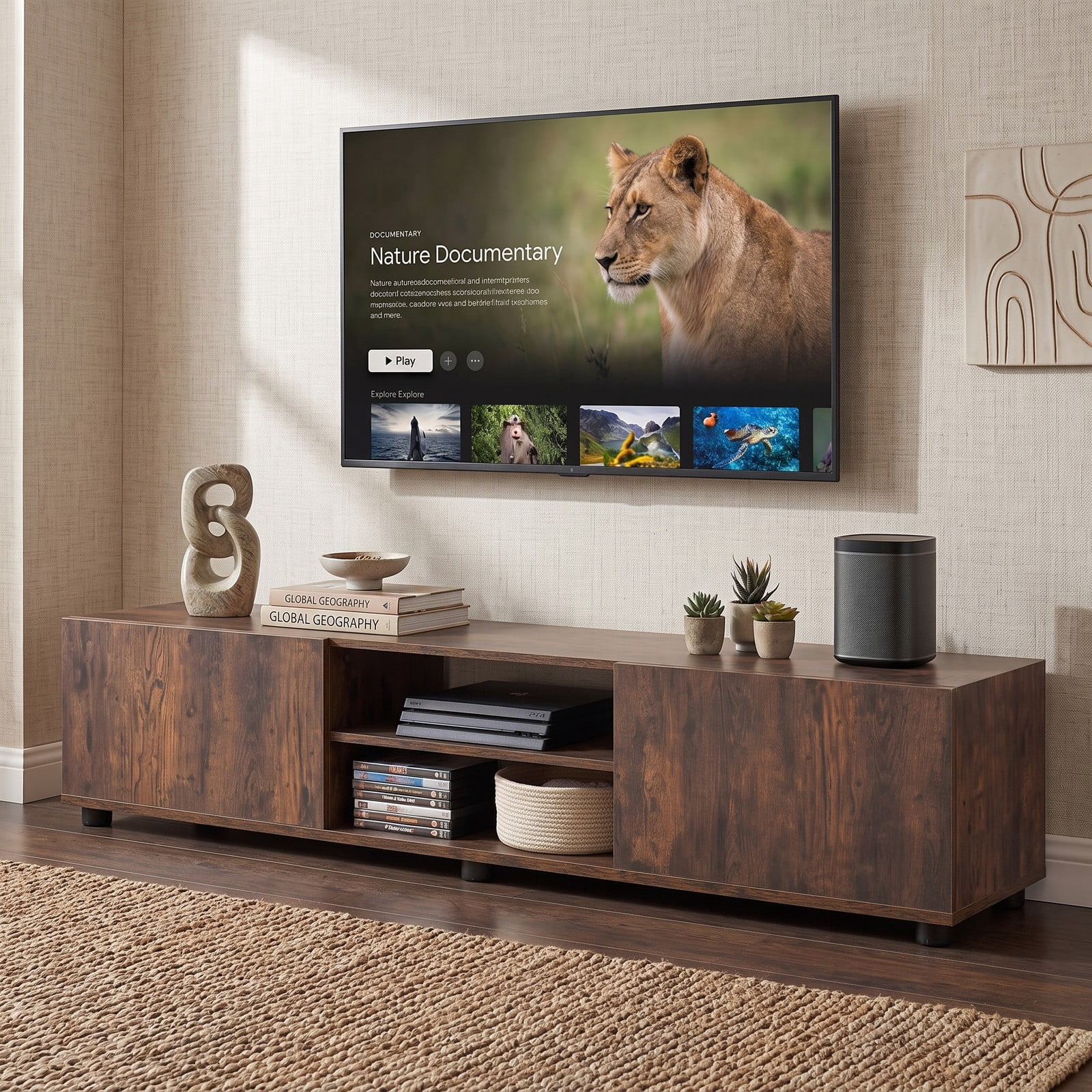 Furnibear Modern TV Stand for TVs up to 70 Inch, Minimalist Entertainment Center with 2 Doors and Open Shelves, Wood Media Console for Living Room, Rustic Brown