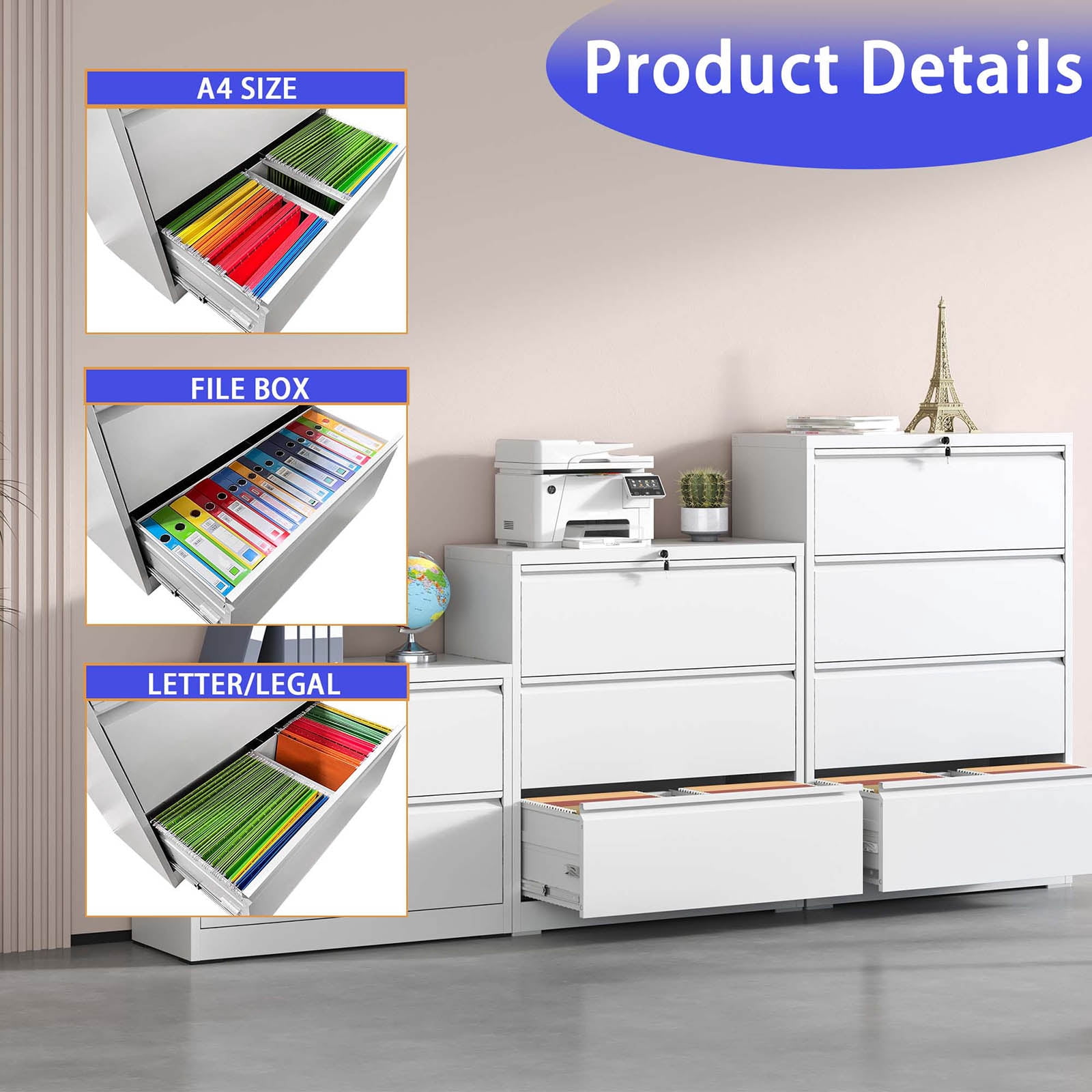 File Cabinet With 4 Drawers, Lock, 2 Keys, Quiet Storage Space Lockable Metal File Cabinet For Home Office, Files Legal, Letter, A4, F4 Size
