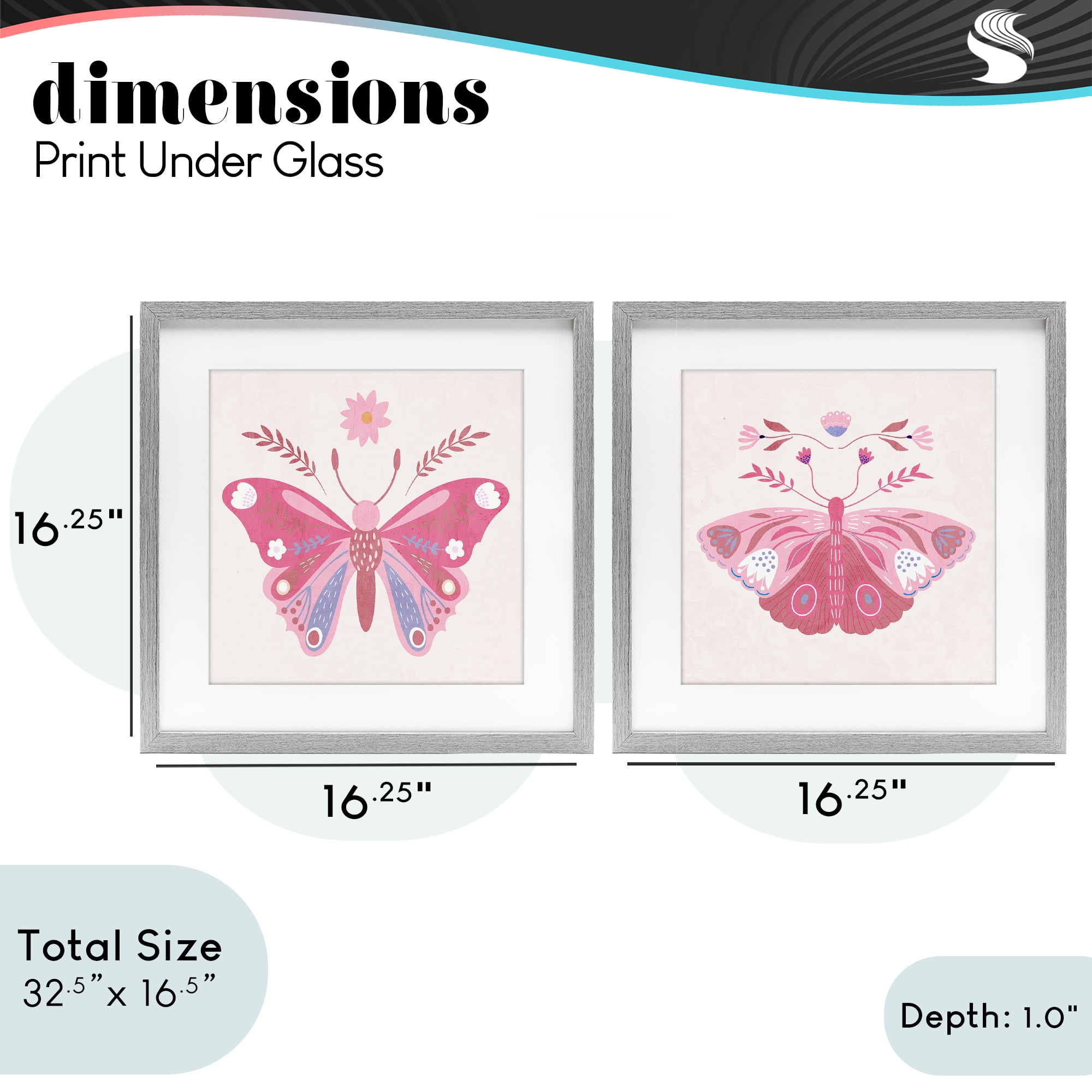 Stupell Industries Pink Folk Butterflies 2 Piece Gray Framed Print Under Glass Set, design by Kim Allen