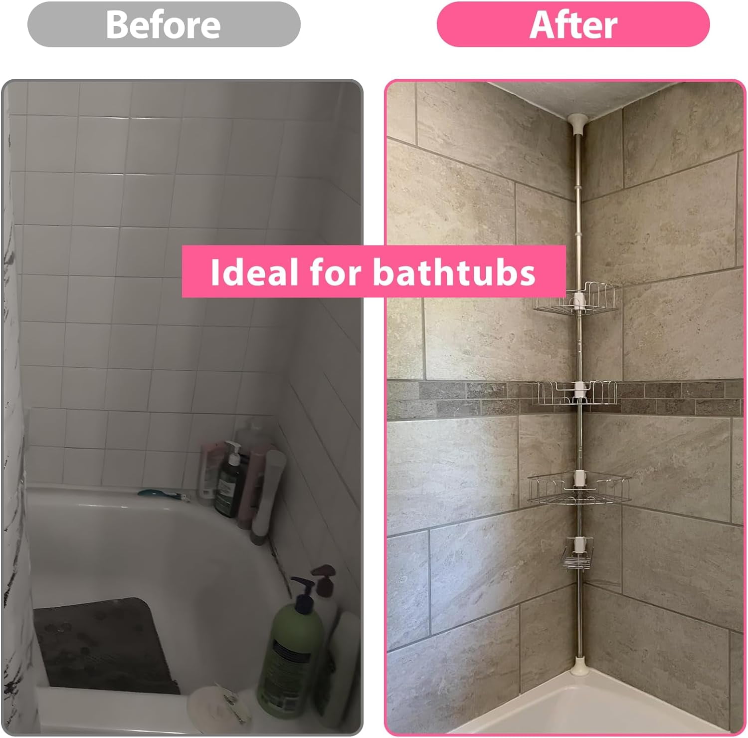 DEROFIT Shower Organizer Caddy 39-125" Stainless Steel Shower Shelves Rack for Inside Shower Bathroom Bathtub Caddy Rustproof Tension Pole Silver