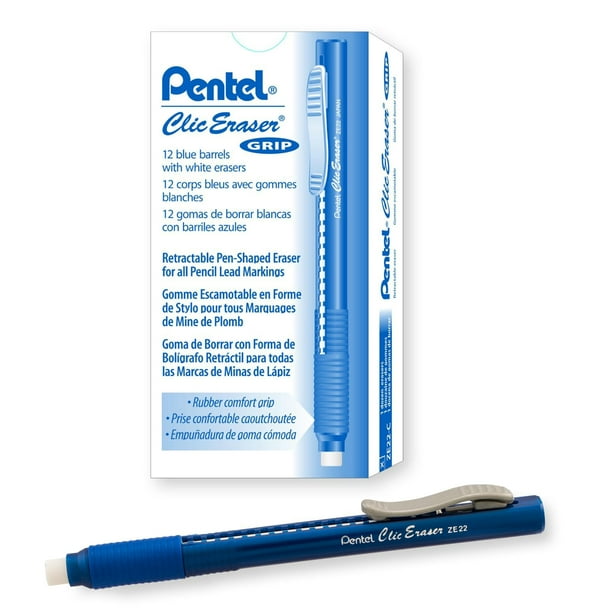 Goma de borrar Pentel Clic con agarre retráctil azul, caja con 12 unidades