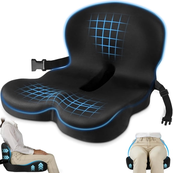 Truck Seat Cushion, Memory Foam Trucker Seat Cushion for Truck Driver Long Sitting with Adjustable Strap, Back Support and Pain Relief for Trucker Driving Office Chair and Pain, Black