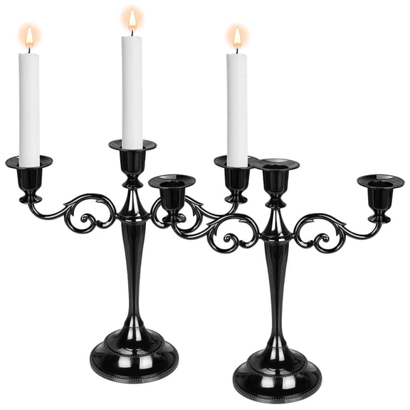 2 Pcs Black Candlestick Holder Set, European Style Metal Candle Holders for 3 Pillar Candles, Decorative Tall Table Centerpiece for Wedding, Party, Home Decor