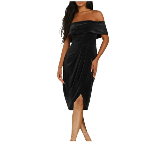 OSFVNOXV Off Shoulder Cocktail Dress for Women Formal Velvet Dress Ruched Bodycon Asymmetrical Hem Maxi Dress