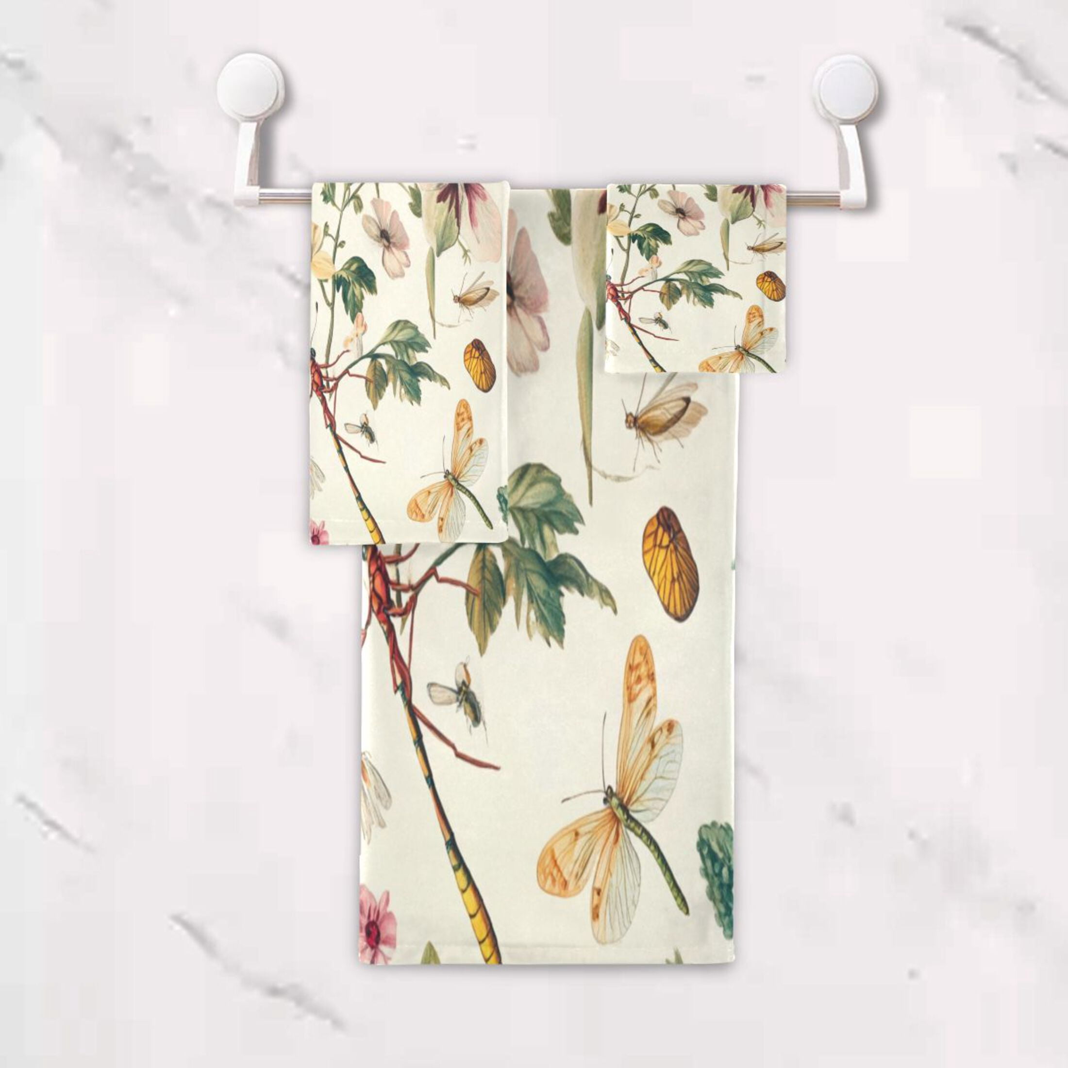 WOBOGO Dragonfly Print Painting Ultra Soft 3 Pack Cotton Towel Set Includes 60 x 30in Bath Towel 28 x 16in Face Towel and 13 x 13in Small Square Towel for Everyday Use Lightweight and Compact