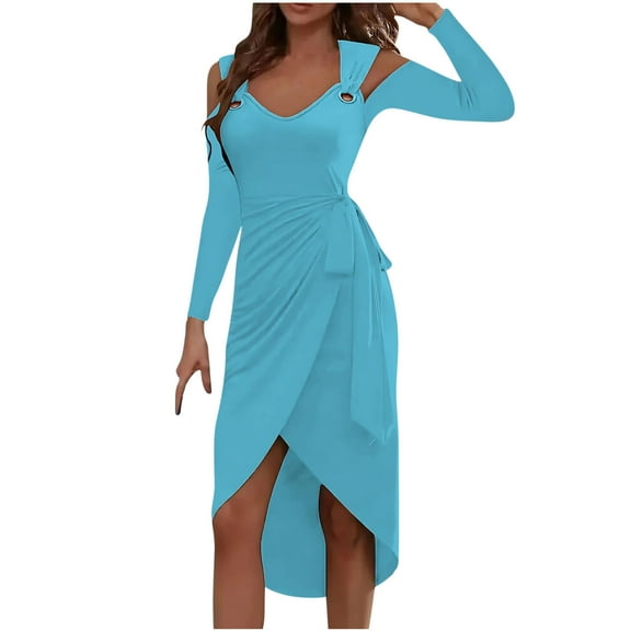IROINNID Long Sleeve Dress for Women Knee-Length Asymmetrical Dress Solid Color Long Sleeve Round-Neck Tank Dress Dress,Sky Blue