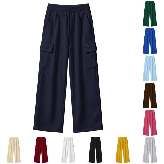 Ticikt Kids Cargo Sweatpants, Drawstring Elastic Waist Solid Color Straight Leg Soft Breathable Casual Sports Trousers for Boys Girls,Navy