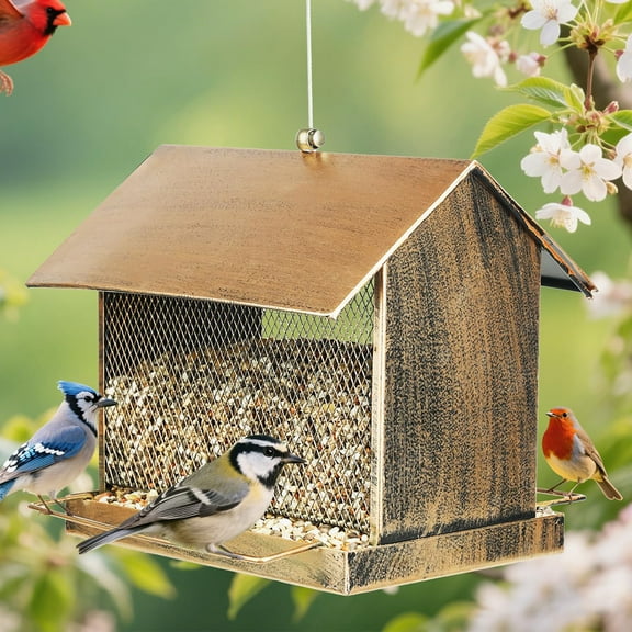 Samhe Bird Feeder for Outdoor, Heavy Duty Metal Wild Birdfeeder with Squirrel Proof Buckle for Garden Yard Outside Hanging, House Shape Large Capacity