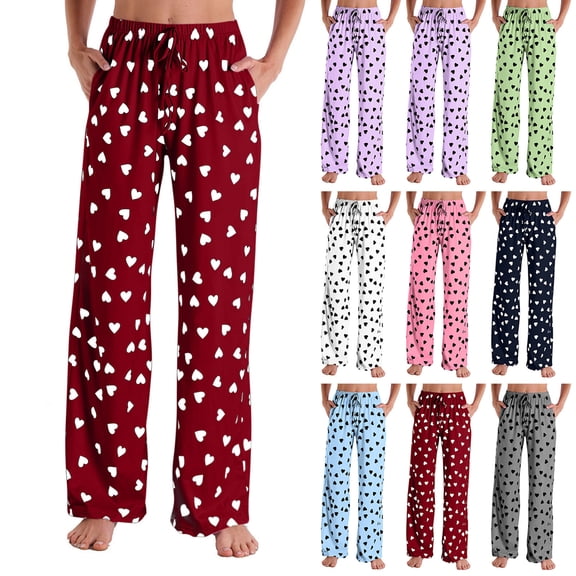 Felirenzacia Women's Casual Heart Print Comfy Loose Lightweight Pajama Pants, Elastic Waist Adjustable Drawstring Loose Long Pants, Red,S