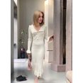 thumbnail image 2 of Womens Elegant Trendy Long Sleeve V Neck Maxi Dresses Flowy Pleated Formal Dresses with Belt White S, 2 of 8