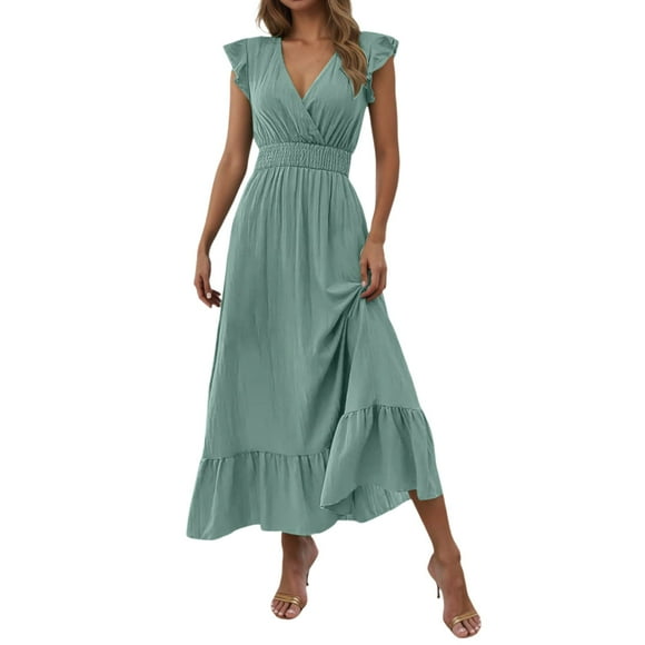 HXWCHs Slip Dress Women's Elegant V Neck Flowy Maxi Dress with Ruffles for Casual Boho Style Daily Wear Light Green L