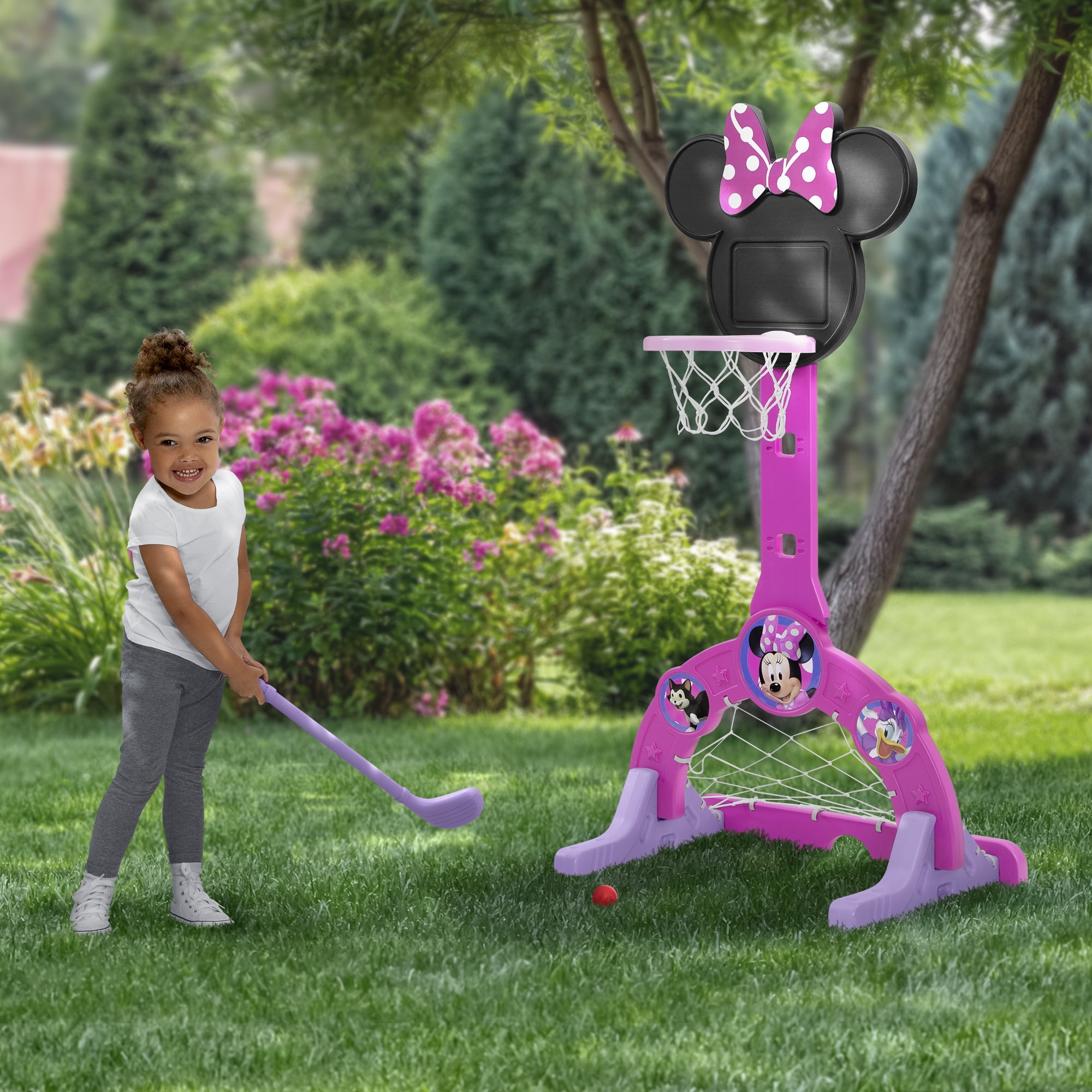 Disney Minnie Mouse 4-in-1 Sports Center – Adjustable Basketball Hoop, Soccer/Hockey Net & Golf, Pink