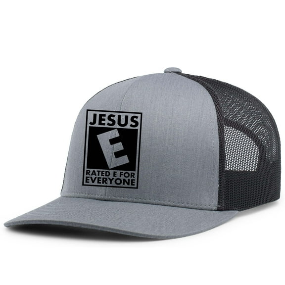 Mens Christian Hat Jesus Rated E for Everyone Mens Christian Mesh Back Trucker Hat Baseball Cap-Heather Grey/Black