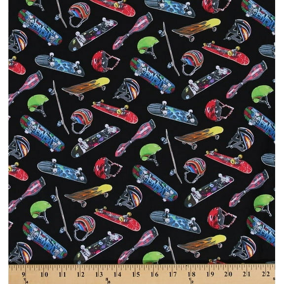 Cotton Skateboards Skateboard Equipment Helmets Helmet Sports Cotton Fabric Print by the Yard (419-BLACK)
