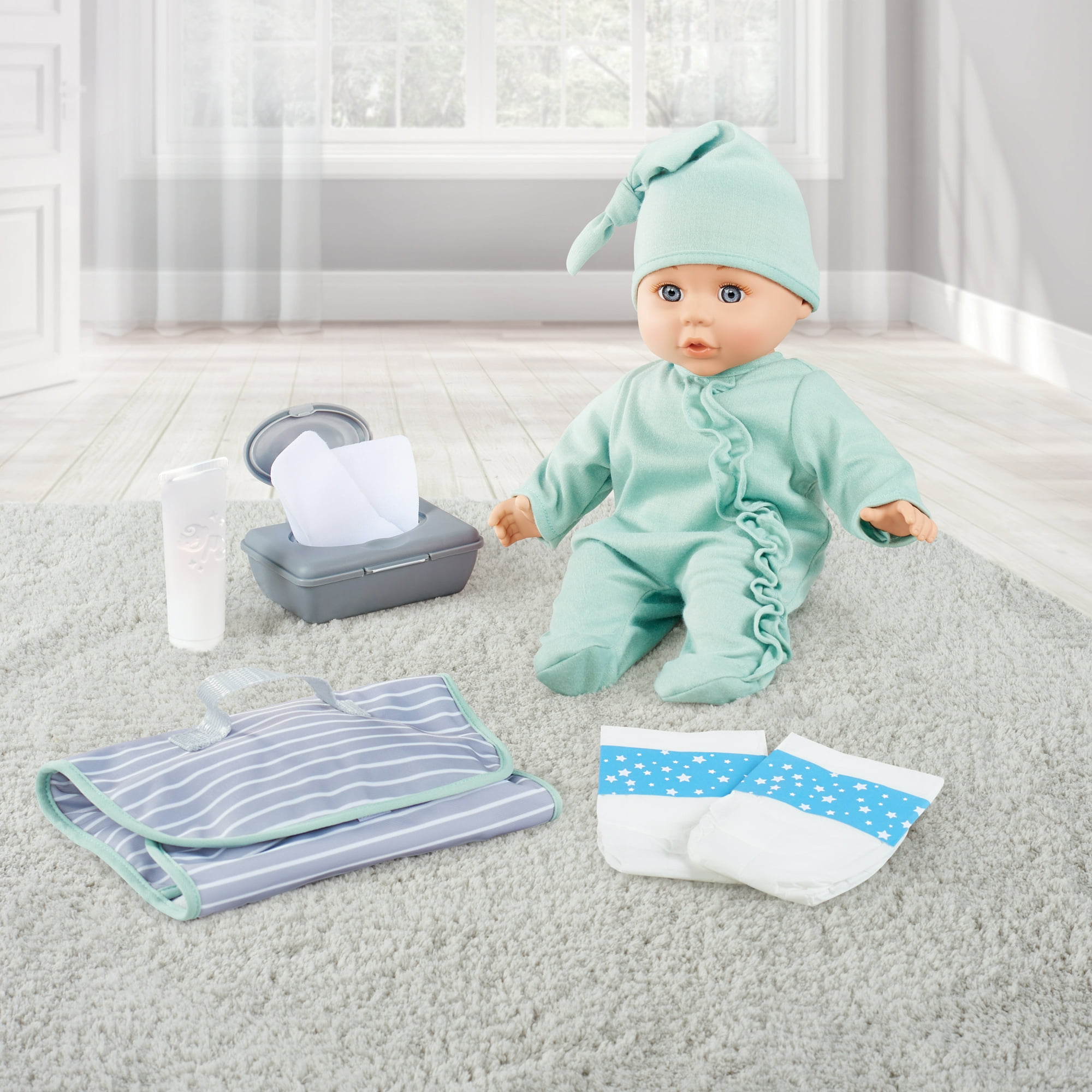 My Sweet Love Change Me Baby 14-Inch Soft Body Doll Play Set with Changing Accessories, Sage Outfit, 8 Pieces