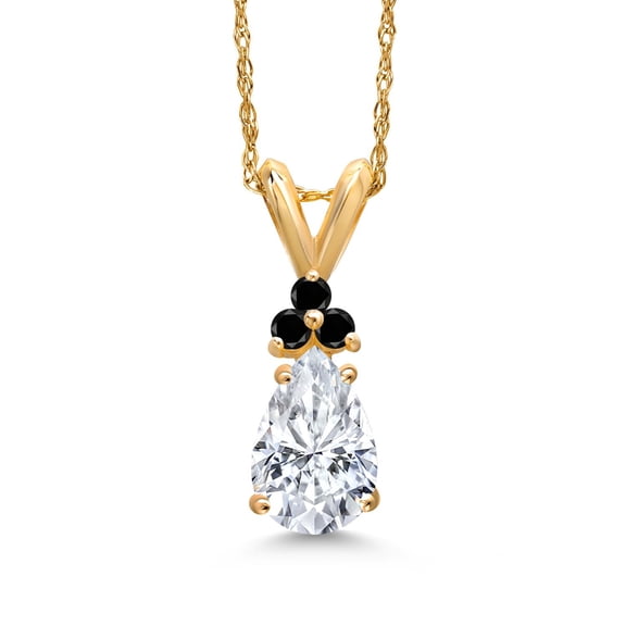 Gem Stone King 14K Yellow Gold White Moissanite and Black Diamond Pendant Necklace for Women | 1.08 Cttw | Gemstone Birthstone | Pear Shape 8X5MM | With 18 inch Chain