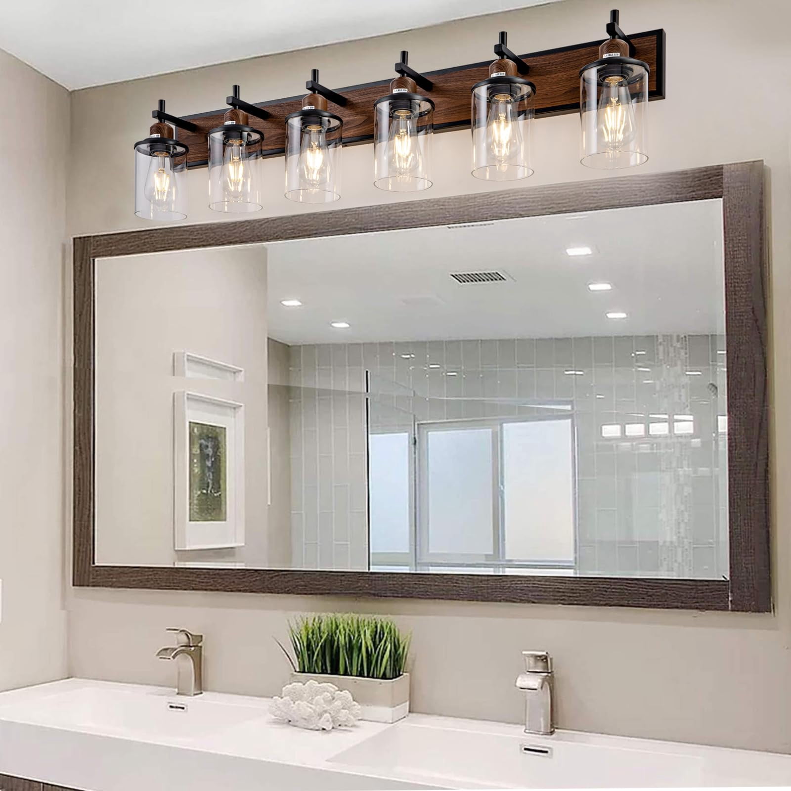 6-Light Black and Wood-painted Vanity Light Farmhouse Bathroom Fixture