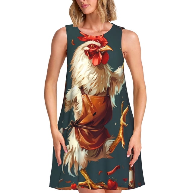 Bixox Robe Sans Manches à Imprimé Poulet et Bière pour Femmes avec Poches, Robe Décontractée Longueur Genou pour l'Été-Petite
