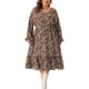 thumbnail image 1 of Vestido de mujer de talla grande Agnes Orinda, estampado floral bohemio, con cuello en V, mangas largas, dobladillo con volantes, largo, 3X, marrón, 1 of 6