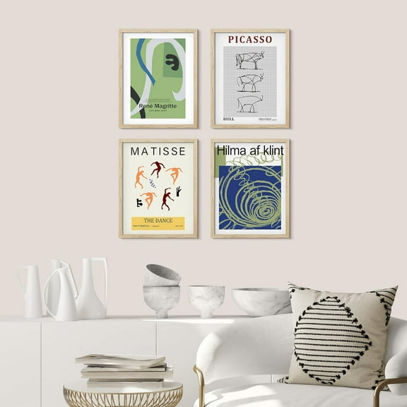 PixonSign Framed Wall Art Magritte & Picasso Exhibition Posters, Set of 4 Geometric Colorful Abstract Pattern Illustrations, Adhesive Canvas Prints Multicolor for Home Decor - 11"x14" Natural