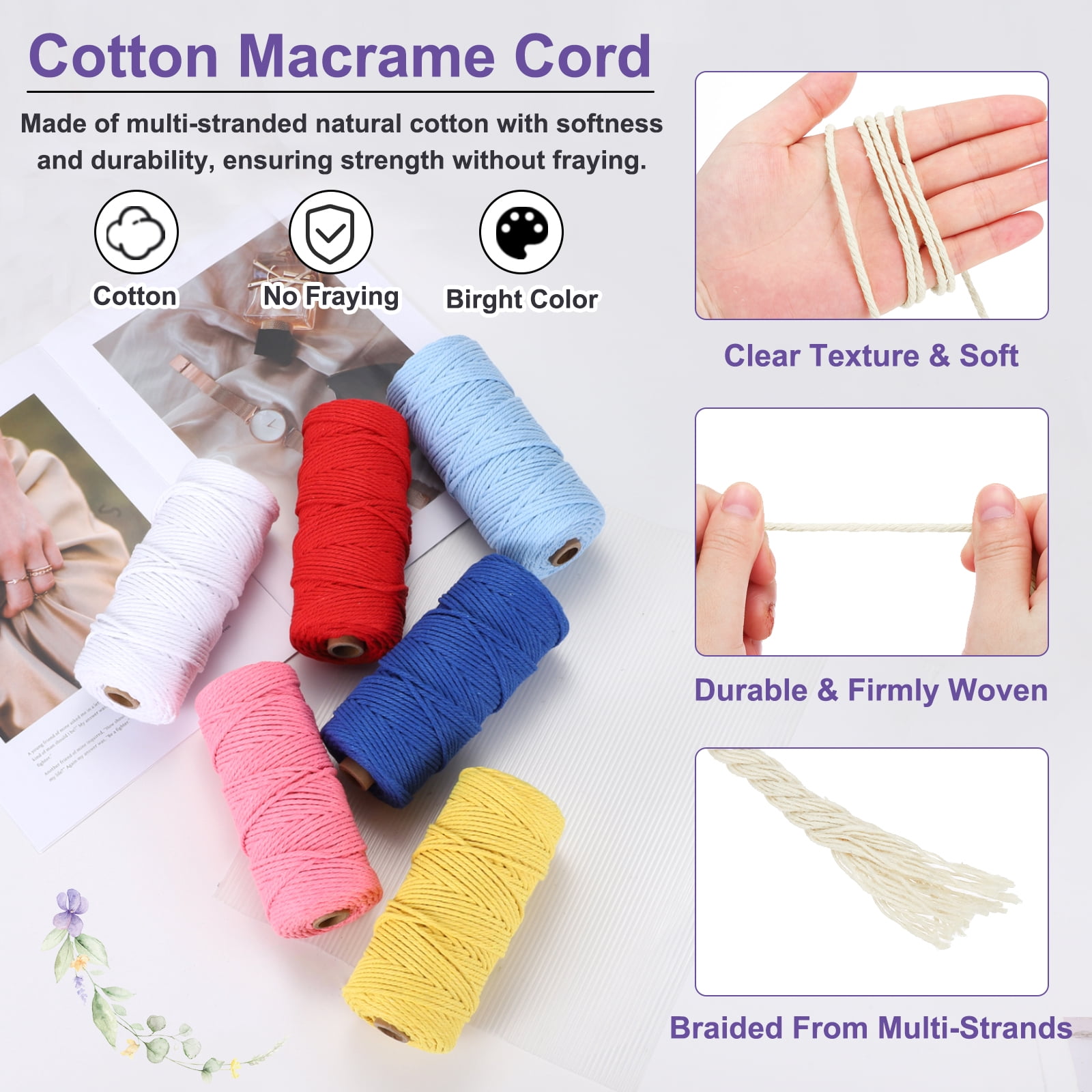 Braided Macrame Cord, 3mm x 109 Yards Natural Cotton Rope Macrame Yarn Bohemia Craft String with Scissors(Light Yellow)
