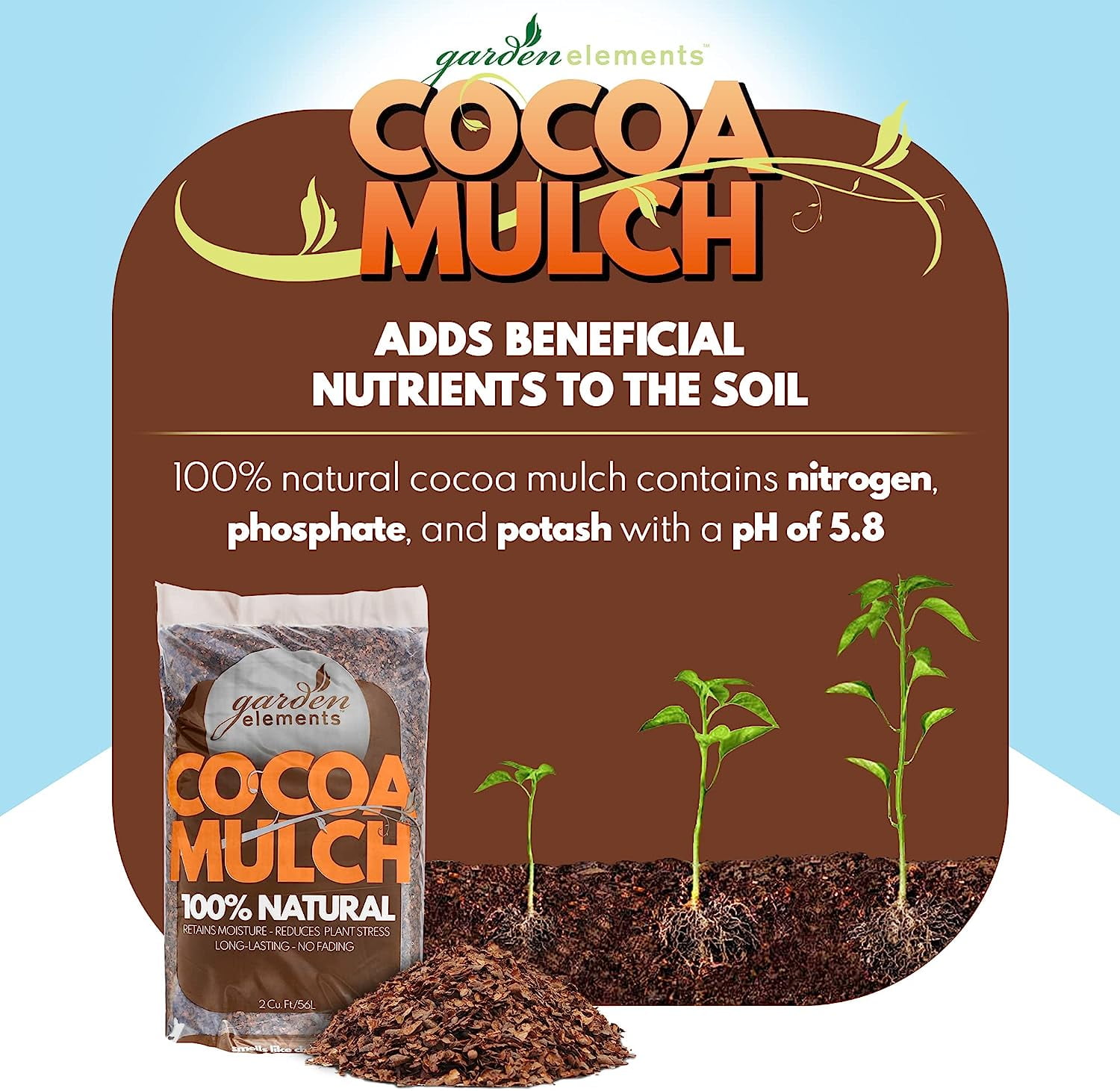 100% Natural Cocoa Bean Shell Mulch for Gardens, Flower Beds, Potted Plants, and Mulching, 2 cu ft