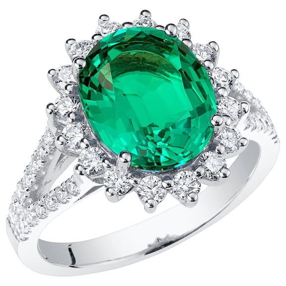 PEORA 4.25 Carats Created Colombian Emerald Lab Grown Diamond Ring in 14K White Gold, Oval Shape, Size 8