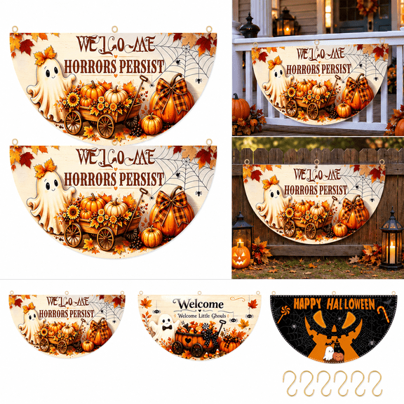 Halloween Half Fan Flag 2 Pack, 35.4 x 15.7 Inch Pumpkin Bunting Banners with 6 Metal Clips, Curved Porch Railing Fence Yard Outdoor Halloween Decor