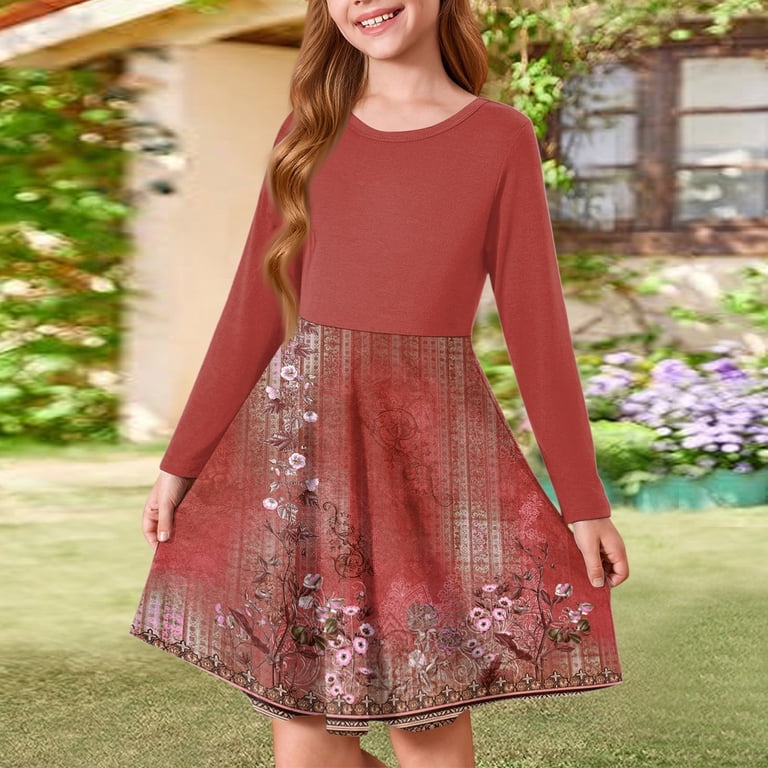 Abcomgle Girls Fall Dress Size Size 14-16 Casual A-Line Long Sleeve Tshirt  Dress Vintage Floral Print Crew Neck Girls Skater Dress Swing Loose Dresses  for 4-14t Kids 9-10 Years,Wine - Walmart.com