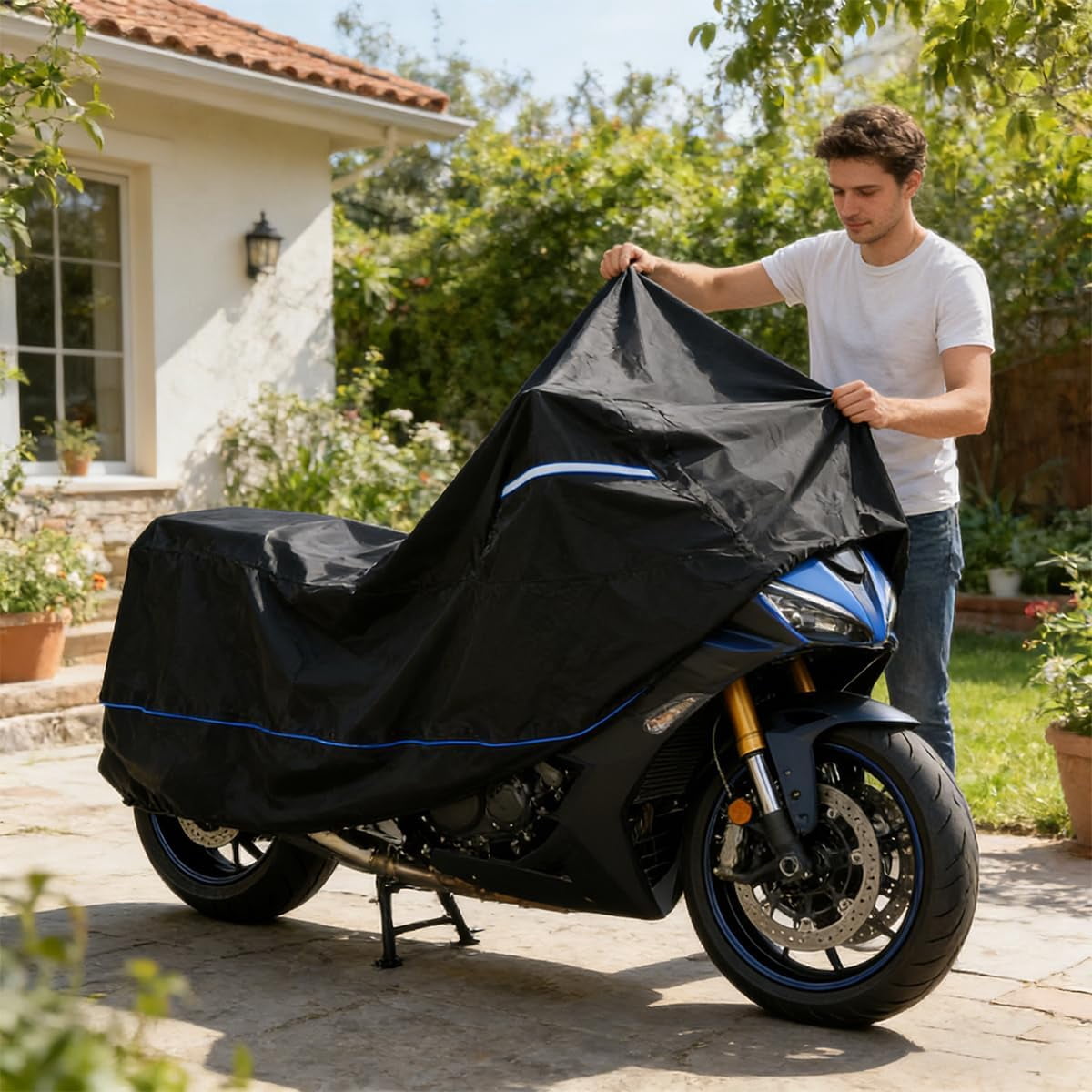 Motorcycle Cover 88.6”L, 420D Oxford Waterproof with High-Temp Resistant Bottom (550°C/1054°F), Heavy Duty Motorcycle Cover for Sport Cruiser Dirt Bike Scooter